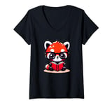 Womens Adorable Book Lover Red Panda With Reading Glasses Cute V-Neck T-Shirt