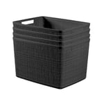 Curver Set of 4 Jute Large Decorative Plastic Organization and Storage Baskets Perfect Bins for Home Office, Closet Shelves, Kitchen Pantry and All Bedroom Essentials, Black