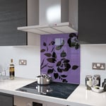 Lilac Floral - Black Flower Glass Splashback - 70cm Wide x 75cm High