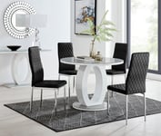 Giovani Round 4 Seat 100cm White High Gloss Halo Base Grey Glass Top Dining Table 4 Soft Velvet Silver Leg Milan Chairs