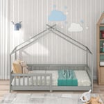 Lit cabane enfant 90 x 200 cm - cadre de lit en pin massif, avec sommier à lattes et toit, avec protection contre les chutes - Gris LBF