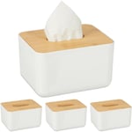 Boîte à mouchoirs, lot de 4, Distributeur lingettes salle de bains, plastique, bambou, hlp 10 x 17 x 13 cm, blanc/nature