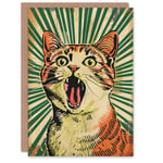 Birthday Card Pop Art Cat Scream Fun Green Stripes Bold Blank All Occasion Card