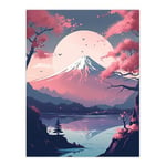Mount Fuji View Through Cherry Blossom Trees Pastel Colour Painting Pink Purple Blue Serene Lake Reflection Japanese Landscape Large Wall Art Poster Print Thick Paper 18X24 Inch