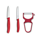 Victorinox Swiss Classic Set 3 Couteaux d'Office avec Éplucheur, Couteau de Cuisine pour Fruit et Légumes, Acier Inoxydable, Compatible Lave-Vaisselle, Rouge