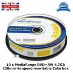 10 x MediaRange DVD+RW 120min 4x speed Blank Discs 4.7GB Rewritable New Cake Box