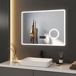 Miroir de salle de bain lumineux avec Anti-buée 80x60cm Miroir Mural led avec Bluetooth, 3x Loupe et Commutateur Tactile - Meykoers