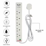 5 Gang Surge Protected Extension Lead with 2 USB Ports & Neon Indicators - 2M