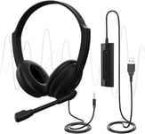 USB Headset with Microphone for PC Laptop, Adjustable Noise Cancelling Business Office Headsets, 2 M Length Headphones with In-Line Control