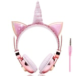 Kids Headphones Unicorn,Wired Cat Ear Girls Headphones with Microphone for School/Christmas/Birthday Gifts/Home/Travel (Pink Unicorn)