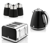 Swan Retro Black Jug Kettle 4 Slice Toaster & Tea Coffee & Sugar Canisters Set