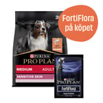 Medium Adult Sensitive Skin Salmon + 7-pack FortiFlora - Torrfoder 14 kg + 7-pack FortiFlora