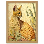 Serval Cat in Nature Detailed Watercolour and Ink Bright Illustration Artwork Framed Wall Art Print A4