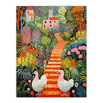 Lush Garden Path with Hens and Colourful Blooms Extra Large XL Wall Art Poster Print