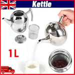 1L Stainless Steel Teapot Coffee Pot w Tea Leaf Infuser Filter Water Kettle UK