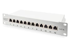 DIGITUS Panneau de brassage Cat. 6a – 12 ports – prises RJ45 – montage en rack 10 pouces 1U – panneau de distribution LSA – blindé – gris