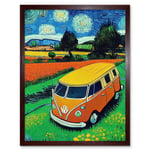 Hippie Van In Meadow Under Starry Night Painting Van Gogh Art Print Framed Poster Wall Decor 12x16 inch