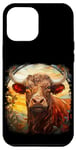 Coque pour iPhone 12 Pro Max Vache vitrail jaune prairie coucher soleil ferme animal portrait