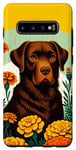 Coque pour Galaxy S10+ Chocolate Lab Art Labrador Retriever Marigolds Marron