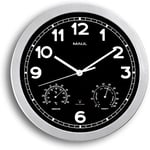 MAUL Horloge Murale MAULdrive Ø 30 cm | Horloge radiopilotée avec Cadran Noir | Réglage Automatique de l'heure | Thermomètre et hygromètre Inclus | Idéal pour Le Bureau et à la Maison | Argenté