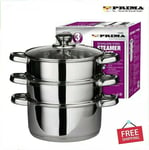 22cm Stainless Steel Induction Hob Multi Veg Cooker Pot Pan 3-Tier Steamer  Set