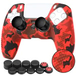 Benazcap Silicone Skin Accessories for PS5 DualSense Controller, PS5 Controller Skin x 1, with Thumb Grip x 10,Camouflage Red