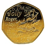 Coins for collectors - Isle of Man 24K Gold Plated 2020 The Jolly Roger From Peter Pan Collection Uncirculated 50p Coin with Airtile Capsule Holder in a pouch wallet