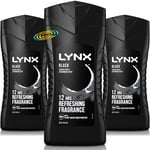 3x Lynx Black Body Wash 12HRS Refreshing Shower Gel 225ml