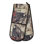 Double Oven Mitts Vintage Express Steam Train Cooking Oven Gloves for Kitchen BBQ Baking Grilling Microwave Barbecue Handling Pots and Pans