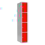 Klädskåp SMG 4-delat 1x300 mm rakt tak och röda dörrar med klinka för hänglås