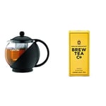 Café Olé Grunwerg Café Ole Loose Leaf Everyday Round Tea Pot Infuser Basket Glass Teapot, Black, 1.20 Litre, 1200ml / 1.2 & Brew Tea Co - English Breakfast - Strong and Malty - 113g Loose Leaf Tea