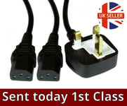 Double Headed PC Mains Lead Power Cable UK Plug to 2x C13 Kettle Electrical 2m
