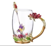 Enamels Glass Mug Butterfly Flower Clear Lead-Free Coffee Mugs Tea Cup Travel Mugs Elaborate Handle and Beautiful Spoon for Women Birthday Valentines Wedding Day Gifts (Red, High)