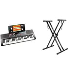 RockJam 2022 61 Key Keyboard Piano and RockJam XX-363 Xfinity Doublebraced Pre Assembled Keyboard Stand with Locking Straps & Lessons,Black