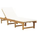 Helloshop26 - Transat chaise longue bain de soleil lit de jardin terrasse meuble d'extérieur pliable coussin bois massif d'acacia blanc crème
