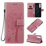 Sony Xperia 1 II 2020 Case, SATURCASE Cat Tree Embossing PU Leather Flip Magnet Wallet Stand Card Slots Protective Case Cover with Hand Strap for Sony Xperia 1 II 2020 (Pink)
