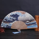 Silk Hand Fan Mount Fuji Kanagawa Waves Japanese Folding Poc B