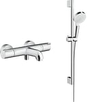 hansgrohe Ecostat 1001 CL Thermostatic Bath and Shower Mixer, Chrome & Crometta Shower Set 100 Vario with Shower Rail 65 cm