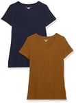 Amazon Essentials Women's Classic-Fit Short-Sleeve V-Neck T-Shirt, Pack of 2, Dark Chestnut Brown/Navy, XS