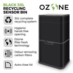 Tower Ozone Recycling Sensor Bin, 50L, Carbon Filter Black T938021BLK 