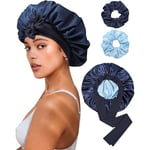 Satin Bonnet för Sömn Kvinnor Dubbellager Hårhatt med 2 st Hårsnoddar Elastiskt Band Nattmössa Navy Blue + Light Blue