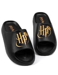 Harry Potter Sliders Sandales pour femme | Sandales moulées noires Golden Snitch HP Logo | Chaussures d'été magiques, Noir, 36 EU