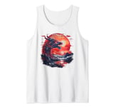 Mythical black red dragon with sunset mountains Asian art Tank Top