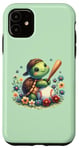Coque pour iPhone 11 Vert, adorable tortue de baseball avec des fleurs