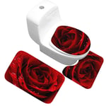 AZZXZONa Bathroom Mat Set 3 Pieces Breathable Non-Slip, Bath Mat + Pedestal Mat + Toilet Seat Cover Mat Three-Piece Toilet Flannel Dark Red Rose