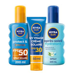 Lot de NIVEA SUN Crème solaire UV VISAGE FPS 30 (1 x 50 ml), Spray solaire Protect & Bronze FPS 50 (1 x 200 ml) Spray après-soleil Hydratant (1 x 200 ml), spray hydratant corps à l'aloe vera