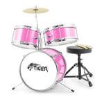 TIGER JDS7-PK Junior Kids Drum Kit 3-Piece Beginners Childrens Drum Set with Snare, Tom, Bass Drum, Bass Drum Pedal, Cymbal, Throne and Sticks Pink