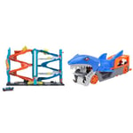 Hot Wheels City Racetrack, Transforming Race Tower, 2-in-1 Tower Mode or Race Mode & Shark Chomp Transporter Playset with One 1:64 Scale Car for Kids 4 to 8 Years Old, Shark