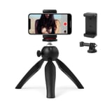 Polarduck Mini Tripod, Mobile Phone Tripod, Vlogging Tripod Compatible with iPhone/Compact DLSR/Samsung/Android/Webcam/Projector with Universal Phone Holder & GoPro Mount, 360° Rotation, Black