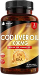Cod Liver Oil Capsules 1000mg - 90 High Strength Softgels with Omega 3, EPA DHA